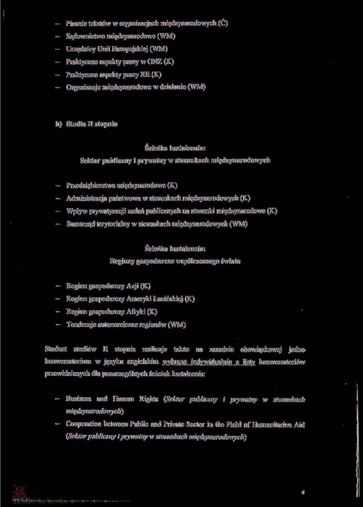 - Pisanie tekstów w organizacjach międzynarodowych (C) - Sądownictwo międzynarodowe (WM) - Urzędnicy Unii Europejskiej (WM) - Praktyczne aspekty pracy w ONZ (K) - Praktyczne aspekty pracy RE (K) -