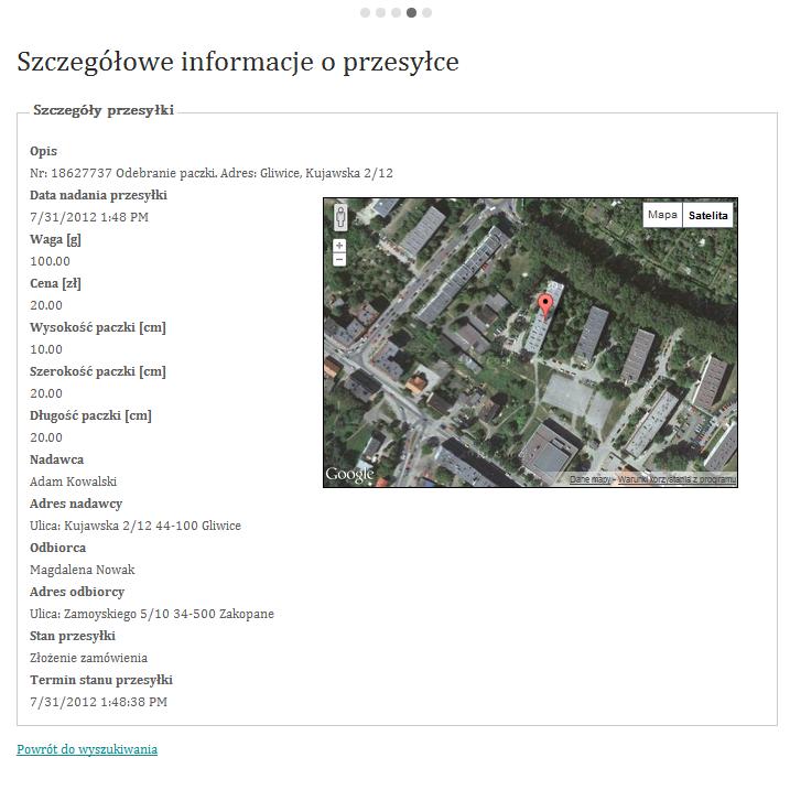 Rysunek 28: Sprawdzanie stanu przesyłki. Rysunek 29: Szczegółowe informacje o przesyłce. 6.2. Zakładki Wyświetlanie zakładek administratora, kierownika, kuriera i klienta zależy od dostępnych uprawnień.