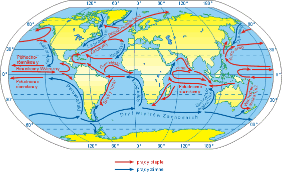 Prądy morskie Prądami morskimi nazywamy poziome ruchy wód morskich, wywołane są: - występowaniem stałych wiatrów w dolnej troposferze, - różnicami gęstości wód oceanicznych, - zróżnicowaniem poziomem