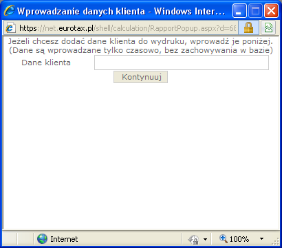 Kliknięcie na [Kontynuuj] bez wprowadzenia danych spowoduje przejście do podglądu wydruku bez danych klienta.