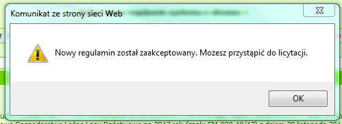 Rys. 69. Komunikat o konieczności akceptacji zmian w regulaminie Klikając w napis Pokaż nowy regulamin systemu e-drewno należy zapoznać się z jego treścią.