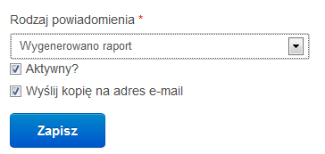 Użytkownik ma możliwość konfiguracji jakie komunikaty chce otrzymywać, oraz czy dane komunikaty mają być wysyłane również na adres e-mail użytkownika.