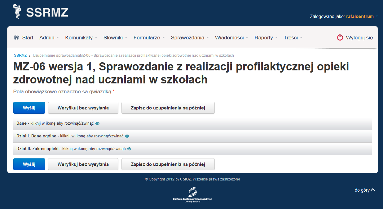 Po wybraniu sposobu wypełniania sprawozdania System przenosi użytkownika do widoku sprawozdania (Rysunek 20.). Rysunek 20.