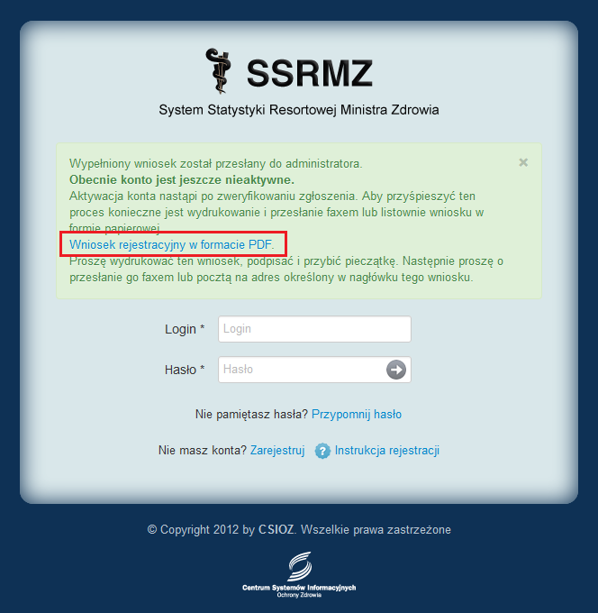 d) po udanej rejestracji system przenosi nas do strony logowania, z której możemy pobrać formularz rejestracji (Rysunek 10.