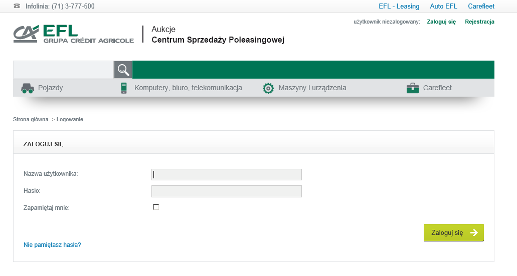 LOGOWANIE Aby zalogować się do Systemu Aukcyjnego EFL kliknij odpowiedni link: Wpisz nazwę użytkownika oraz hasło wybrane podczas rejestracji.