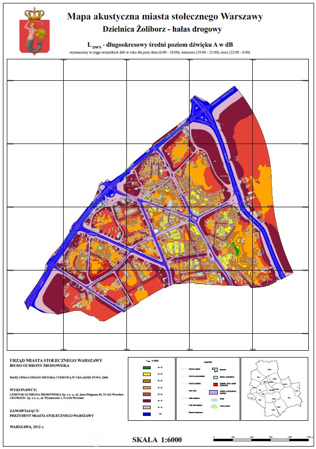 PMŚ Monitoring hałasu Mapy akustyczne pokazują zanieczyszczenie środowiska hałasem pochodzącym z głównych źródeł hałasu. Mapy akustyczne sporządzane są w cyklach 5 cio letnich.
