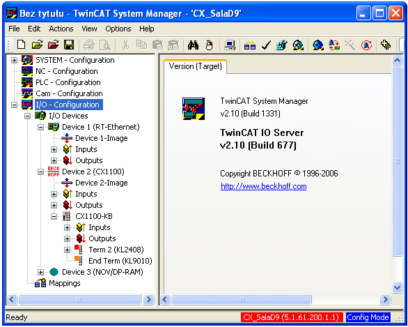 Gdy konfiguracja rzeczywista jest zgodna z automatycznie rozpoznaną, należy aktywować strukturę w sterowniku przy pomocy przycisku Activate configuration i uruchomić System Manager w trybie pracy