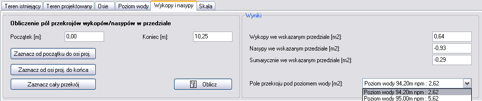 2.5. Skala Przekrój kreślony jest w dwóch skalach pionowej i poziomej. Skalę można wybrać z listy, lub wpisać ręcznie dowolną. 3.