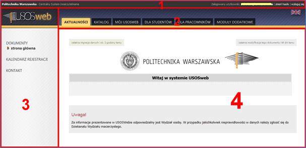 Rys. 6.1. Struktura strony głównej serwisu USOSweb 3. Menu podrzędne. Panel z lewej strony ekranu zawiera menu związane z pozycją wybraną w górnym menu.