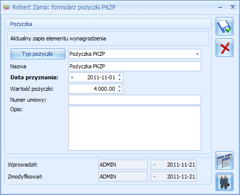 Str. 188 Moduł Płace i Kadry (Plus, CDN XL) v. 2012 Nacisnąć przycisk Lista pożyczek PKZP, Ikoną Dodaj otwieramy formularz pożyczki PKZP.