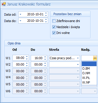 Podręcznik Użytkownika systemu Comarch OPT!MA Str. 81 Uwaga: Pola Praca w dni wolne i Praca w święta nie biorą udziału w wyliczeniu wynagrodzenia, są to pola wyłącznie informacyjne.