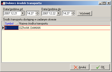 Opcje filtrowania w okienku Dobierz środek transportu pozwalają na zorientowanie się, które środki transportu są wolne w zadanym