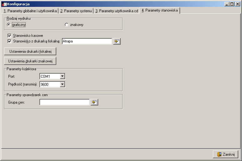 Przeglądaj Ctrl+Ins Usuń Ctrl+Del Zatwierdź Ctrl+Z Zakładka 4. Parametry stanowiska Możemy tu określić ustawienia parametrów programu przypisane do danego komputera (stanowiska pracy).