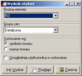 Wydruk etykiet towarowych nie odbywa się bezpośrednio, lecz za pośrednictwem listy etykiet do wydruku. Dzięki temu można ekonomiczne wykorzystywać papier w drukarce.