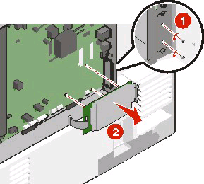 Przed dotknięciem elektronicznych elementów płyty systemowej lub złączy należy dotknąć dowolnego metalowego elementu drukarki. 1 Uzyskaj dostęp do płyty systemowej.
