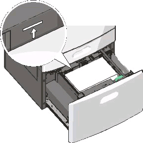 4 Załaduj papier do zasobnika stroną do zadrukowania skierowaną w górę. Uwaga: Upewnij się, że stos papieru nie sięga do linii maksymalnego poziomu na krawędzi zasobnika papieru.