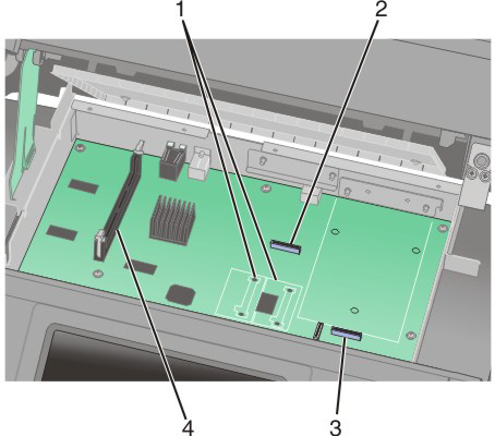 Przed dotknięciem elektronicznych elementów płyty systemowej lub złączy należy dotknąć dowolnego metalowego elementu, np. obudowy drukarki.