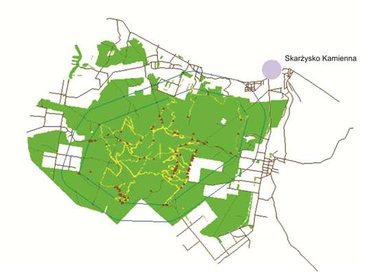 Ryc. 2. Areał watahy wilczej bytującej w zachodniej części Puszczy Świętokrzyskiej (linia niebieska) oszacowany na podstawie tropień na śniegu.