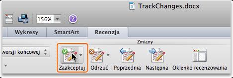 W obszarze Zmiany kliknij pozycję Następna. Zwróć uwagę, że zostało zaznaczone wstawienie ofertę o podróże Carol Troup. Kliknij przycisk Zaakceptuj.