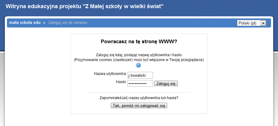 Nad modułami zespołów roboczych znajdują się linki do informacji o projekcie (nr 4) oraz do informacji na temat pomocy dostępnej dla uczestników projektu korzystających z witryny edukacyjnej (nr 5).