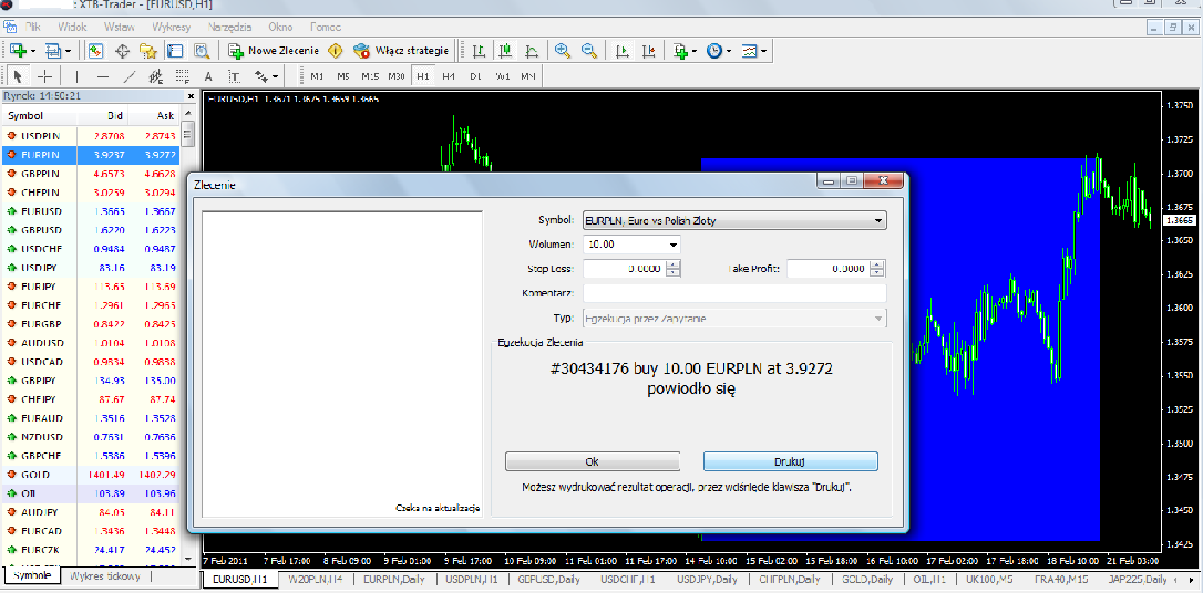 Tak więc kupujemy (zajmujemy długą pozycję) wtedy, gdy uważamy, że cena instrumentu będzie rosła. Jak to zrobić? Klikamy dwa razy lewym klawiszem myszy na interesujący nas instrument (np.
