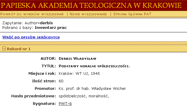 130 FIDES Biuletyn Bibliotek Kościelnych 1-2/2006 Najstarsza praca, przechowywana w archiwum i opisana w bazie pochodzi z 1912 roku z Wydziału Teologicznego UJ.