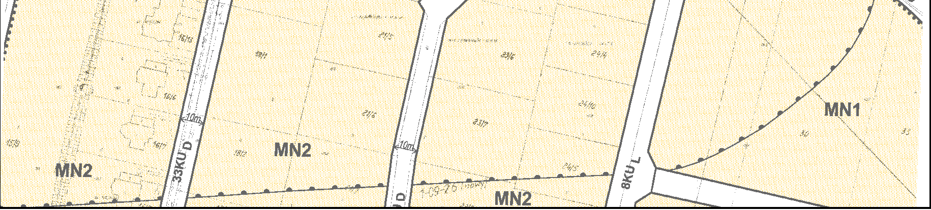 tereny komunikacji szynowej (KK), gdzie dopuszcza się wyłącznie dotychczasowy sposób uŝytkowania; tereny ulic dojazdowych (KU D), zabudowa mieszkaniowa jednorodzinna (MN2); maksymalna wysokość 10,5 m.