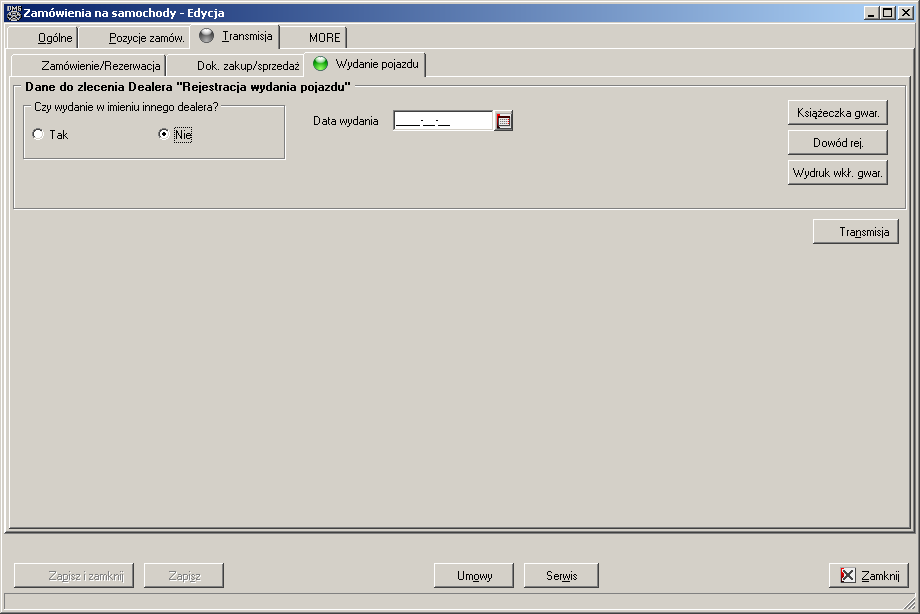 Zakładka Wydanie pojazdu została znacznie zmieniona i umoŝliwia wysłanie transmisji daty wydania pojazdu wraz z informacją czy gwarancję uruchamiany w imieniu innego dealera.