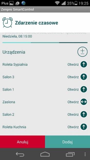 4.4. Tworzenie Zdarzeń Czasowych W zakładce Zdarzenia możemy definiować zdarzenia czasowe. Np. chcemy otworzyć wszystkie rolety w domu o godzinie 7.15 i zamknąć o godzinie 22.00.