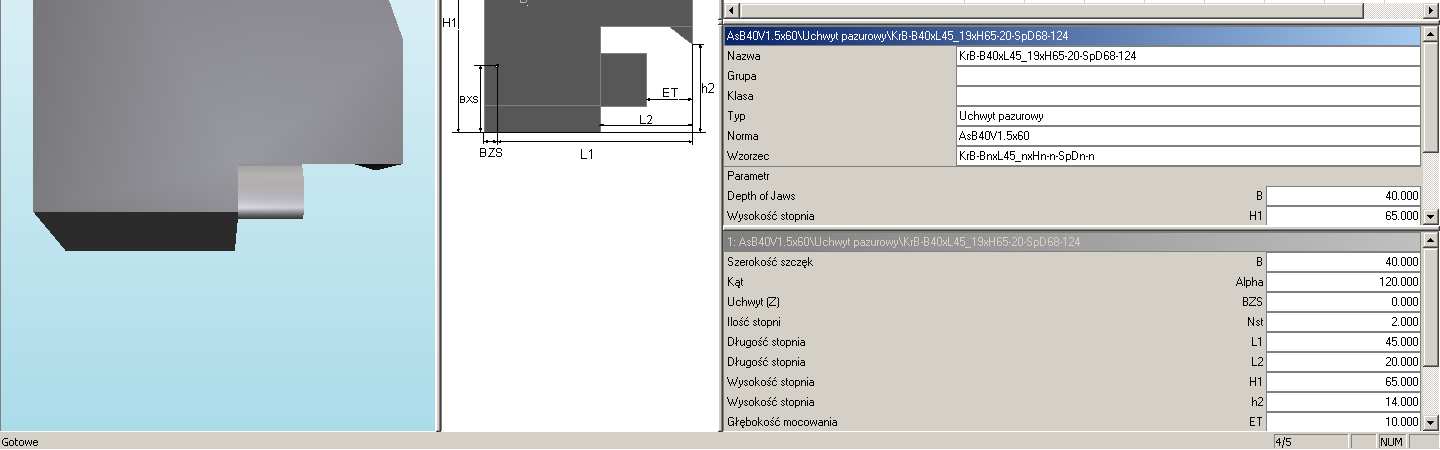 Wybór szczęki mocującej: objaśnienie nazwy KSF stop twardy (Hartmetall) 200 (pasuje do średnicy uchwytu i surówki) -02 (liczba stopni szczęki) -002 (numer kolejny) Klawiszem należy wybrać typ