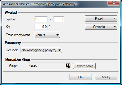 Rys 12. Okno własności stropowego przepustu kablowego. W pierwszej fazie definiowania przepustu kablowego, użytkownik zaczyna od cech wizualnych czcionki] oraz trasy rzeczywistej.