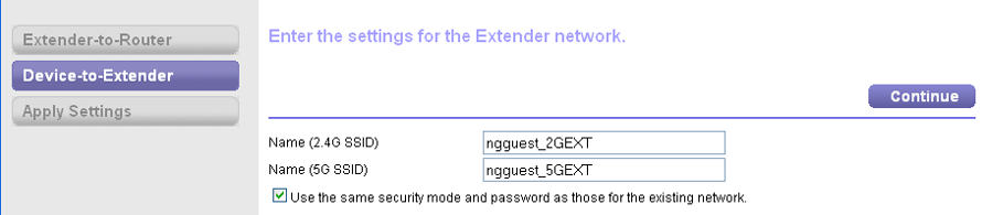 3. Wybierz sieć WiFi w paśmie 2,4 GHz, której sygnał ma być wzmocniony, i kliknij przycisk Continue (Dalej). 4.