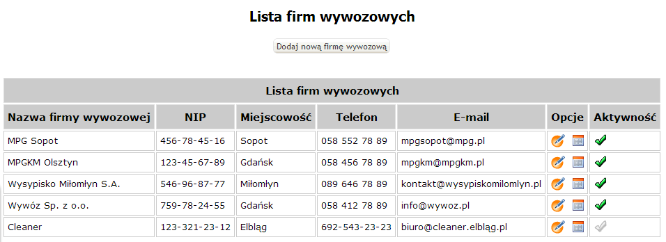 Aplikacja desktopowa/kontrahenci/firmy wywozowe lista kontrahentów, czyli osób, wspólnot i instytucji, od których są
