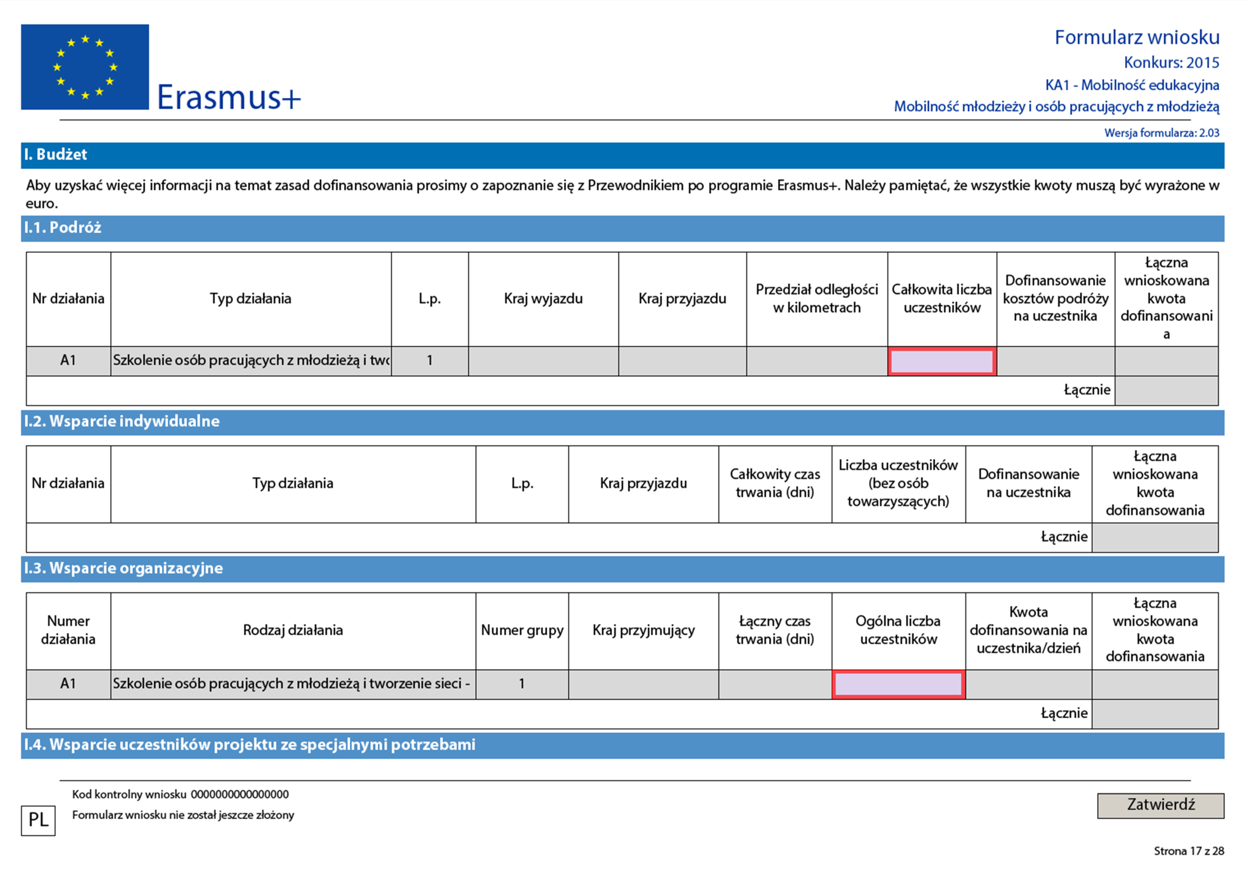 Zapoznaj się z informacjami zawartymi w Przewodniku po programie Erasmus+ (patrz tabela budżetowa). Jeśli występują opisz je. Po dodaniu pozycji wskaż numer działania, opis kosztu oraz jego wysokość.