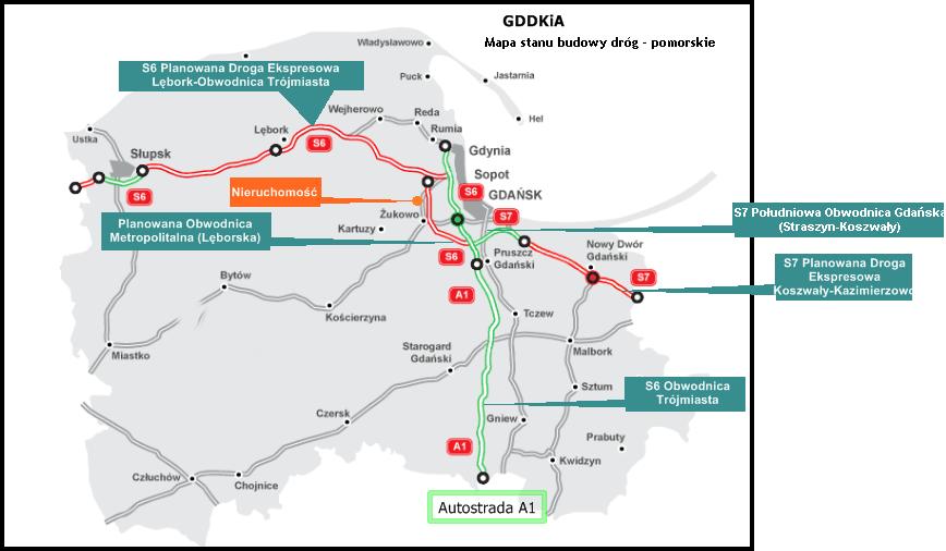 też trasą lęborską i biegnącej wzdłuż drogi krajowej nr 20 aż do wylotu umożliwiającego łatwy dostęp do Autostrady A1.