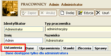 11 Dodatkowo każdemu typowi można teraz określić zestaw uprawnień analogiczny jak dla pracowników. Każde uprawnienie może zostać przez pracownika odziedziczone z typu. 3.4. Pracownicy 3.4.1. Nowa karta "Ustawienia" W oknie pracownicy nastąpiły duże zmiany.