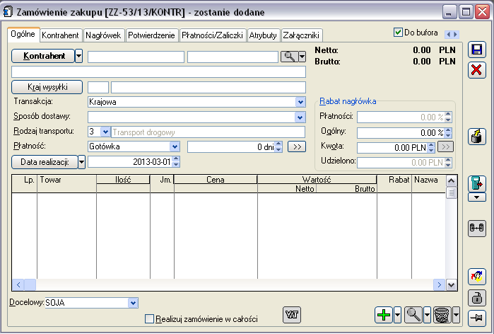 Po uruchomieniu ikony Zamówienia pojawia się formularz zamówienia programu ERP XL.