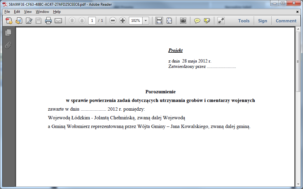 pole Data dostępne z poziomu zakładki Wstawianie (Makrodefinicja Data aktu): Teraz przejdźmy do Podglądu PDF, w celu sprawdzenia, jak zostanie zinterpretowane na wydruku wstawione pole daty