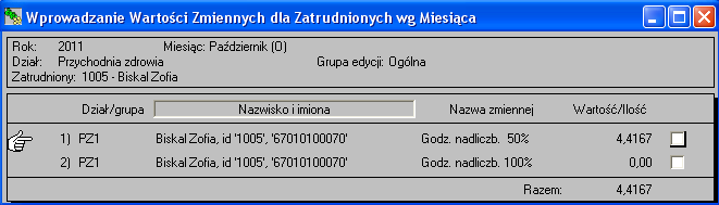 w przypadku, gdy zmienne rejestrujące godziny nadliczbowe wprowadza się 'W podziale na dni'). Rys. 15.