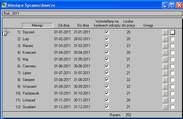 Rys. 2. Ekran 'Miesiące Sprawozdawcze'. Na ekranie można przeglądać dni pracy w kalendarzu FIRMY. Rys.