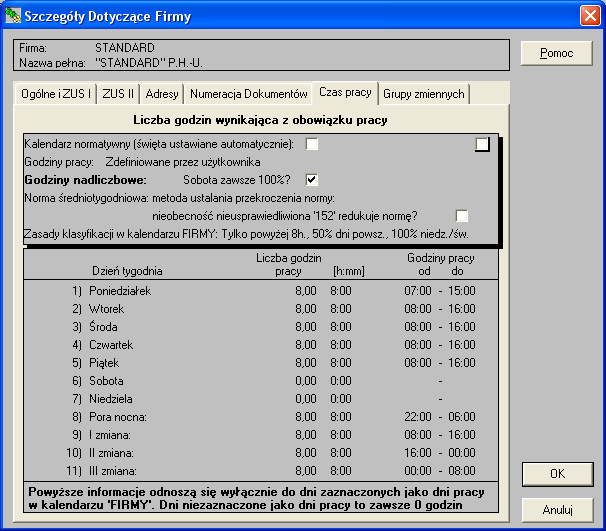 Rys. 4. Zmiana godzin pracy 'od' i 'do' w kalendarzu FIRMY.