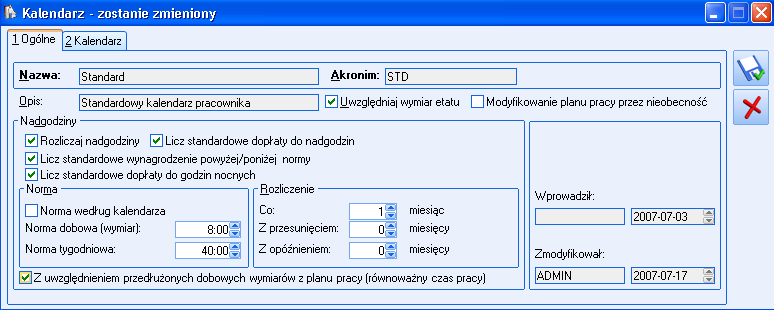 W tym oknie określamy, według jakich norm mają być rozliczane nadgodziny.