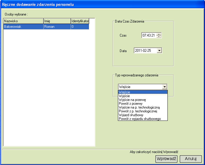 InPro RCP ręczne dodawanie zdarzeń Program daje możliwość ręcznego dodawania zdarzeń dla wybranej osoby jak i dla wielu osób.