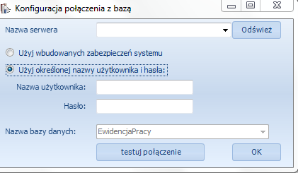 1) Pierwszym polem do uzupełnienia jest Nazwa serwera. Można podać zarówno nazwę logiczną serwera (np. SERWER), jak i jego IP (np. 192.168.1.1). 2) Drugim krokiem jest wybranie sposobu połączenia z serwerem bazy danych.