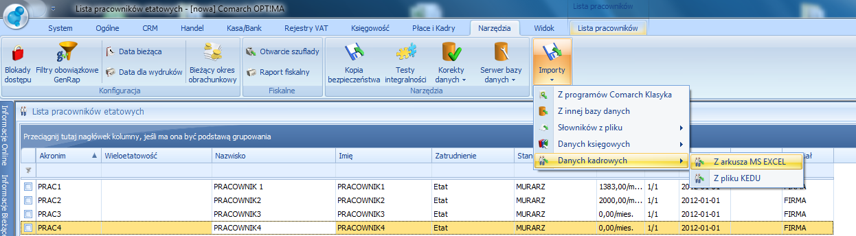 Gdy zestawienie czasu pracy zostanie uzupełnione w programie Ewidencja Rozproszonego Czasu Pracy by CTI, należy je zaimportować w programie Comarch Optima.