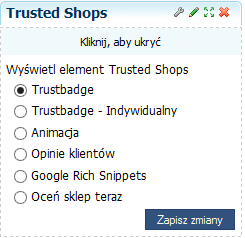 Elementy dstępne w pluginie Trusted Shps: Trustbadge - znak jakści Trusted Shps, wyświetlany zawsze w prawym dlnym rgu strny.