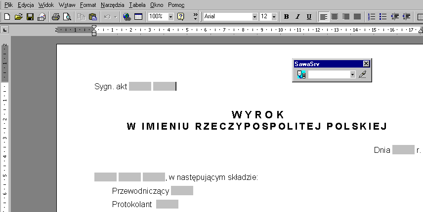 Menu Sąd W przypadku umieszczania danych z pieczątki sądu w tworzonym szablonie pisma, można skorzystać z menu Sąd, mamy do wyboru nazwę sądu (np. Sąd Rejonowy w Katowicach), oznaczenie wydziału (np.