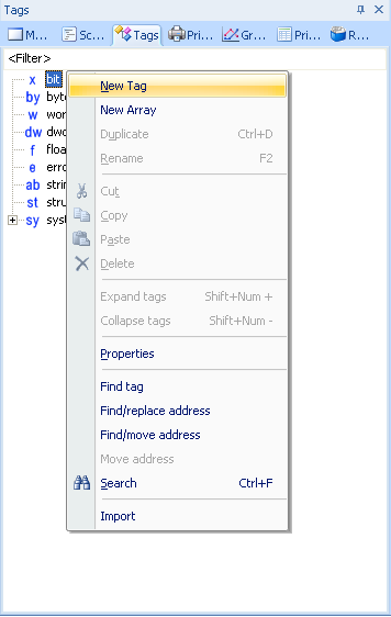 2.5. Zmienne w Galileo. Definiowanie adresów fizycznych Zmienne w Galileo określane są jako Tagi. Ich deklaracji dokonuje się w zakładce Tags menu podręcznego Project Overview.