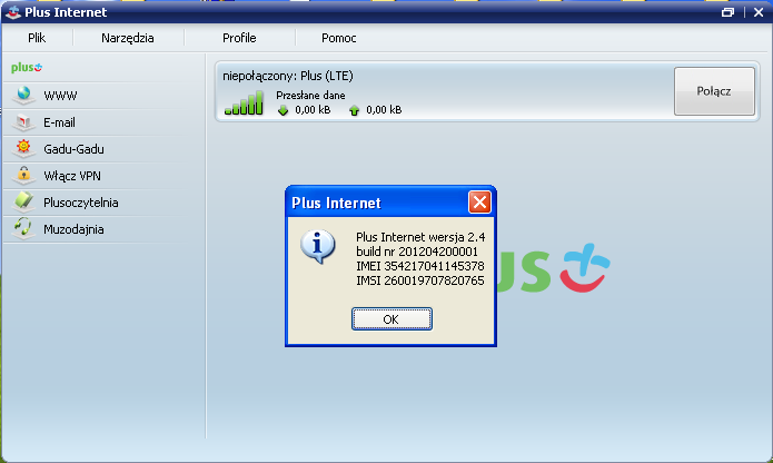 W celu weryfikacji poprawności instalacji modemu, wybierz z menu głównego aplikacji Pomoc -> O programie. W przypadku prawidłowo zainstalowanego modemu pojawi się okno z komunikatem j.n. Plus Internet wersja 2.