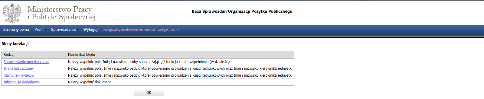 UWAGA!!! Pole to jest obowiązkowe przed wysłaniem sprawozdań do Ministerstwa. 8.4.